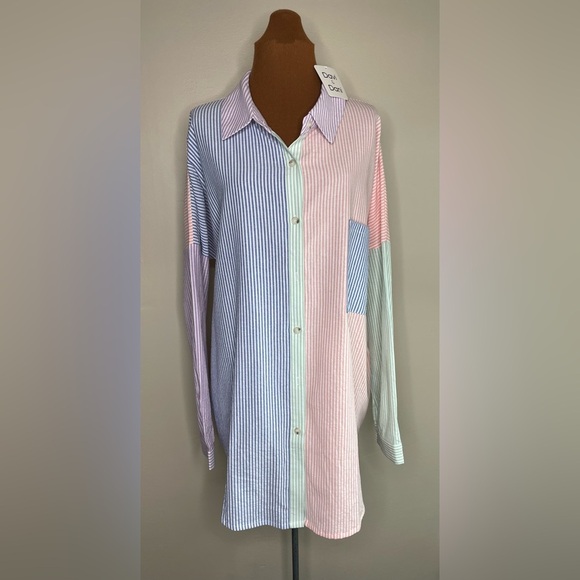 NWT Davi Dani Pastel Multicolored Button Front Casual Shirt Striped Size XL - Picture 1 of 8